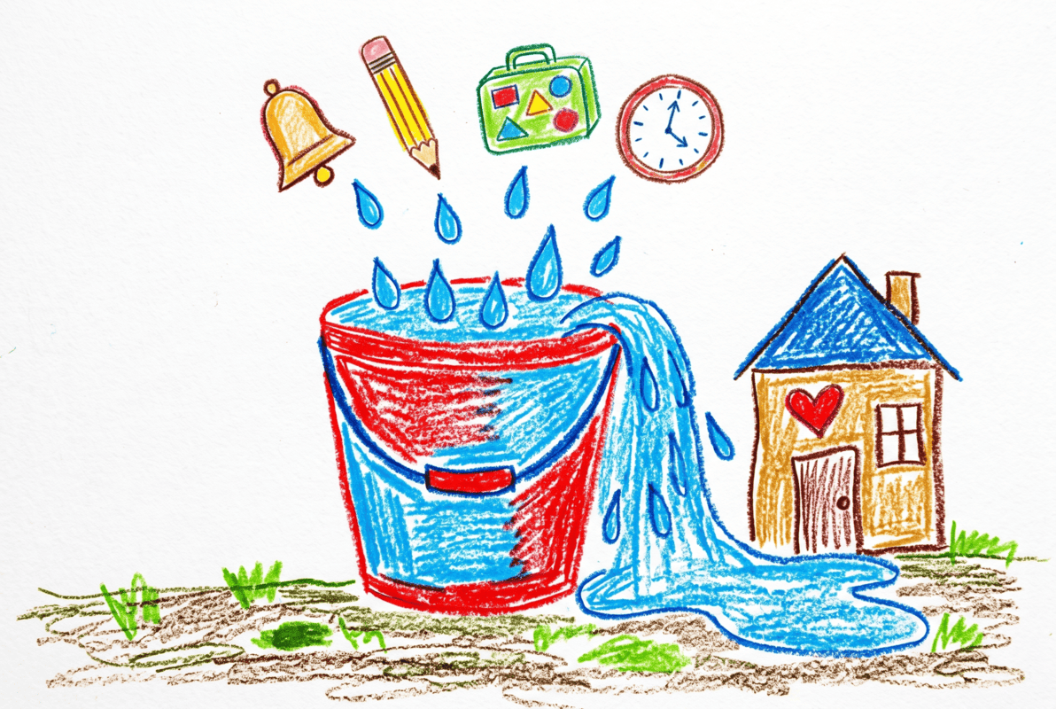 child's drawing of a feelings bucket overflowing after school, explaining after-school meltdowns