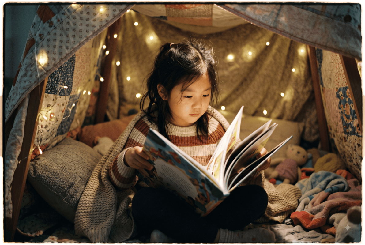 child deeply focused on reading a book, rebuilding attention span away from short videos